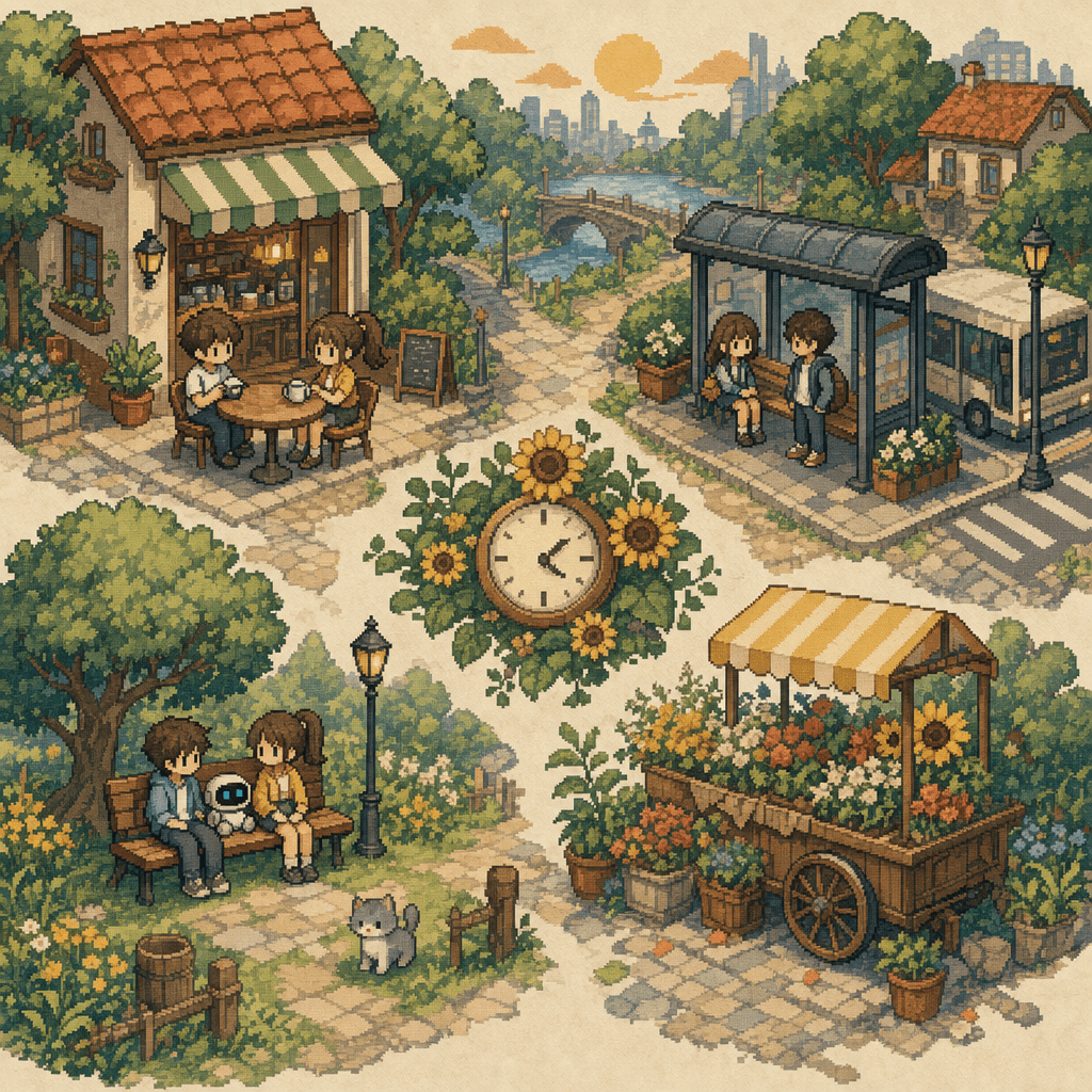 Pixel-art neighborhood scene with a cafe, bus stop, park bench, flower cart, and clock